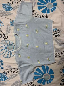 Light Blue Floral Embroidered Crop Top