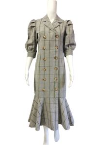 Korean Plaid Double-Breasted Midi Dress