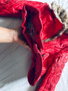 Red Quilted Faux Leather Jacket with Fur Collar
