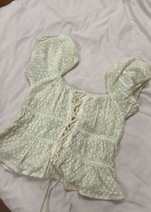 Cute Polka Dot Lace-Up Puff Sleeve Top