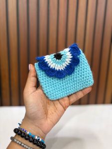 Handmade Blue Crochet Evil Eye Pouch
