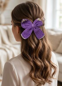 New Purple Crochet Bow Hair Clip with Pearls