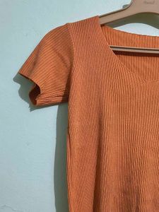 Orange Ribbed V-Neck Top