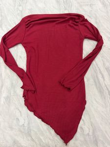 Chic Red Asymmetrical Long Sleeve Top
