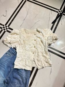 Cream Textured Puff Sleeve Top &amp; Wide Leg Jeans