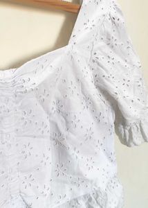 Chic White Eyelet Ruched Crop Top