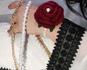 Handmade Crochet Rose Bracelet with Pearl Detail