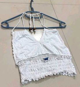 💝White Crochet Crop Halter Top D