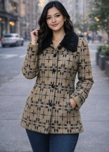 Stylish Plaid Coat with Faux Fur Collar