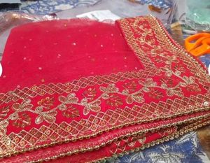 Red Embroidered Net Dupatta