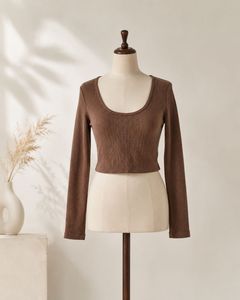 Brown Ribbed Long Sleeve Cropped Top