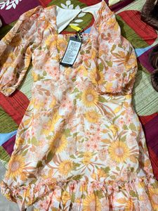 yellow and white floral printed A line dress