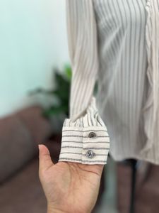 Elegant Striped Blouse &amp; Navy Trousers Set
