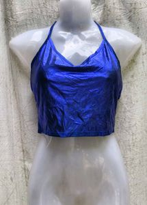 I. Shiny Blue Halter Neck Crop Top