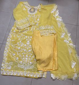 Pearls & Embroided Yellow Kurta Set