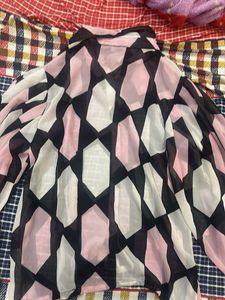 Sheer Geometric Print Button-Up Shirt
