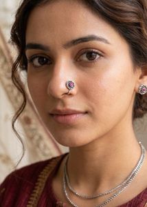 Oxidized Clip On Nose Pin with Pink Stone