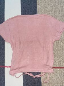 Pink Ribbed Knit Crop Top with Tie Detail