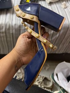 Navy Pearl Block Heels