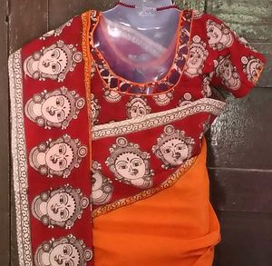 GentlyUsed UniqueKalamkariPrint Saree+Stiched