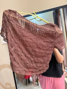 NewMe Sheer Textured Square Brown Neck Top