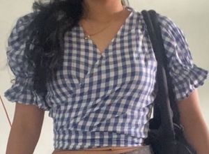 Gingham blue Wrap Crop Top