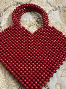 Red Beaded Heart-Shaped Handbag