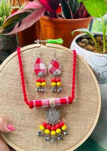 Red & White Checkered Necklace & Earring Set