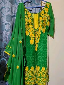 Gorgeous Green And Yellow Chikankari Kurta Set
