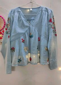 Embroidered Blue V-Neck Peplum Top