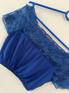 Blue Lace Off-Shoulder Crop Top