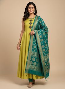 Elegant Yellow Anarkali Suit with Teal Dupatta