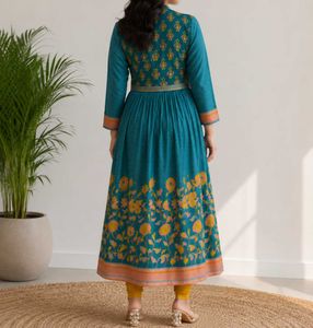 Teal Floral Print Kurta Set with Jacket