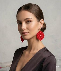 Handmade Crochet Red Earrings with Pearls