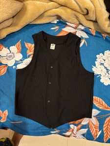 Sleek Black Sleeveless Button-Up Top