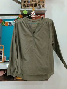 Olive Green V-Neck Long Sleeve Top