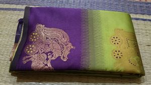 Brand New Purple &amp; Lime Green Silk Saree with Gold