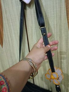 Chic Navy Leather Shoulder Bag with Flower Accent