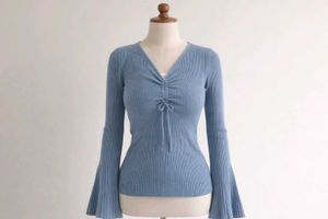 Blue Ribbed Ruched Flare Sleeve Top
