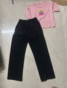 combo of Pink Graphic T-Shirt with Black Joggers