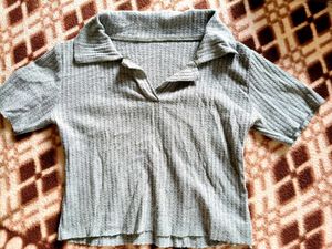 Grey Ribbed Polo Neck Cropped Top