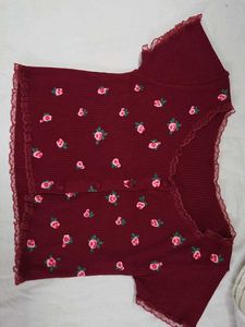 Maroon Ditsy Retro Floral Button-Up Top