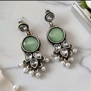 Designer Green Stone Pearl Dangle Earrings