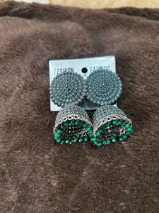 Oxidized Jhumka Earrings with Green Beads