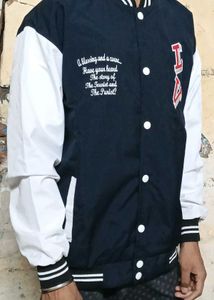Men's Navy &amp; White Varsity Jacket in winter