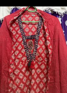 Red Printed Kurta Set with Tassel Detail