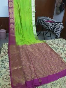 Vibrant Lime Green Saree with Pink Border