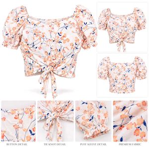 Floral Tie-Front Puff Sleeve Crop Top