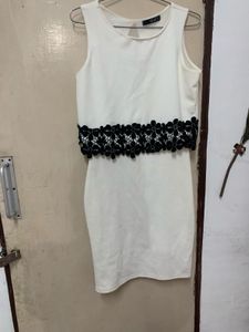 Women's White Dress with Black Lace Detail