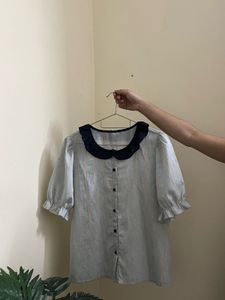 Striped Peter Pan Collar Puff Sleeve Top